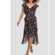Kensie Ruffle High Low Floral Dress Black Multi Size 16