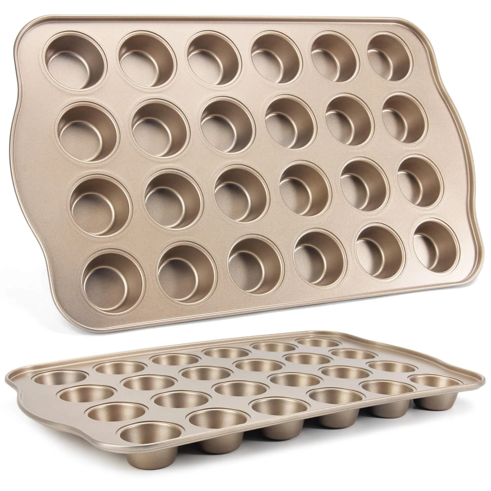 Cupcake Pan Nonstick Mini 24 Cup Baking Muffin Tin Mold Gold Steel 2 Pack