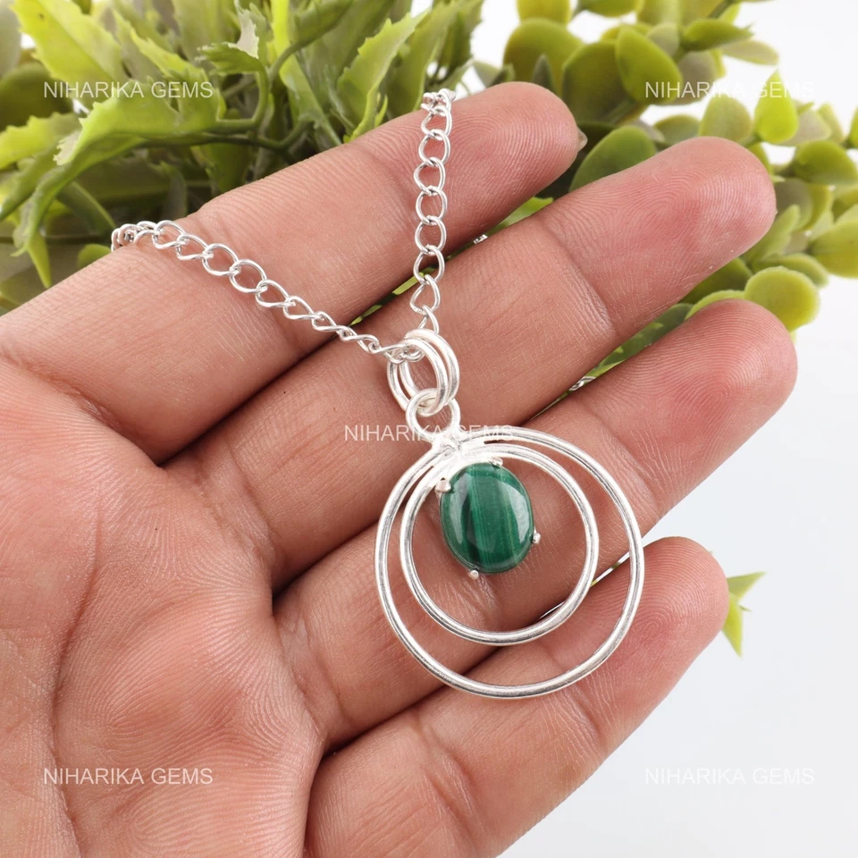 Pendente Elegante In Argento Sterling 925 Con Malachite Naturale Ovale - Immagine 3 di 4