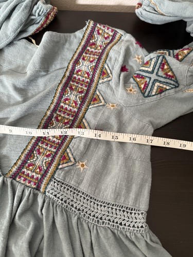 Free People Aria Top Sz S Blue V Neck Embroidered Gathered Long Sleeve Boho - Picture 13 of 14