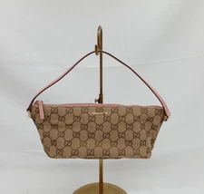 Authentic GUCCI 07198 Boat Bag GG Monogram Canvas Leather Hand Bag Brown Pink