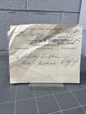 VINTAGE DOCUMENT RECEIPT L A PERRYMAN BRICKLAYER PRESTON 1950 FIREPLACE TAPESTRY