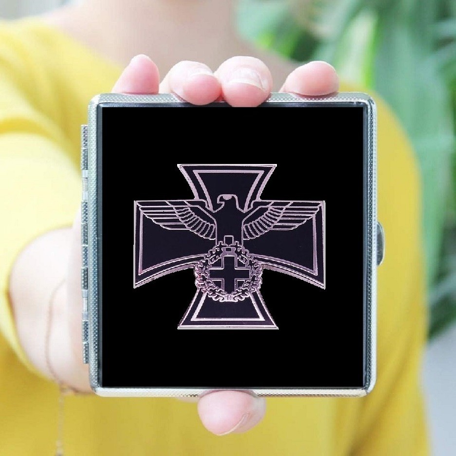 IRON CROSS EAGLE Cigarette Case - Steel Emblem - Textured Black Leather-  Biker