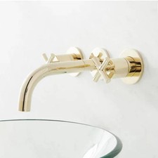 New Polished Brass Exira Wall Mount Bathroom Faucet with Cross Handles -