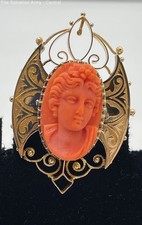 18K Yellow Gold Fine Jewelry Coral Cameo Brooch/Pin 7.60 Grams