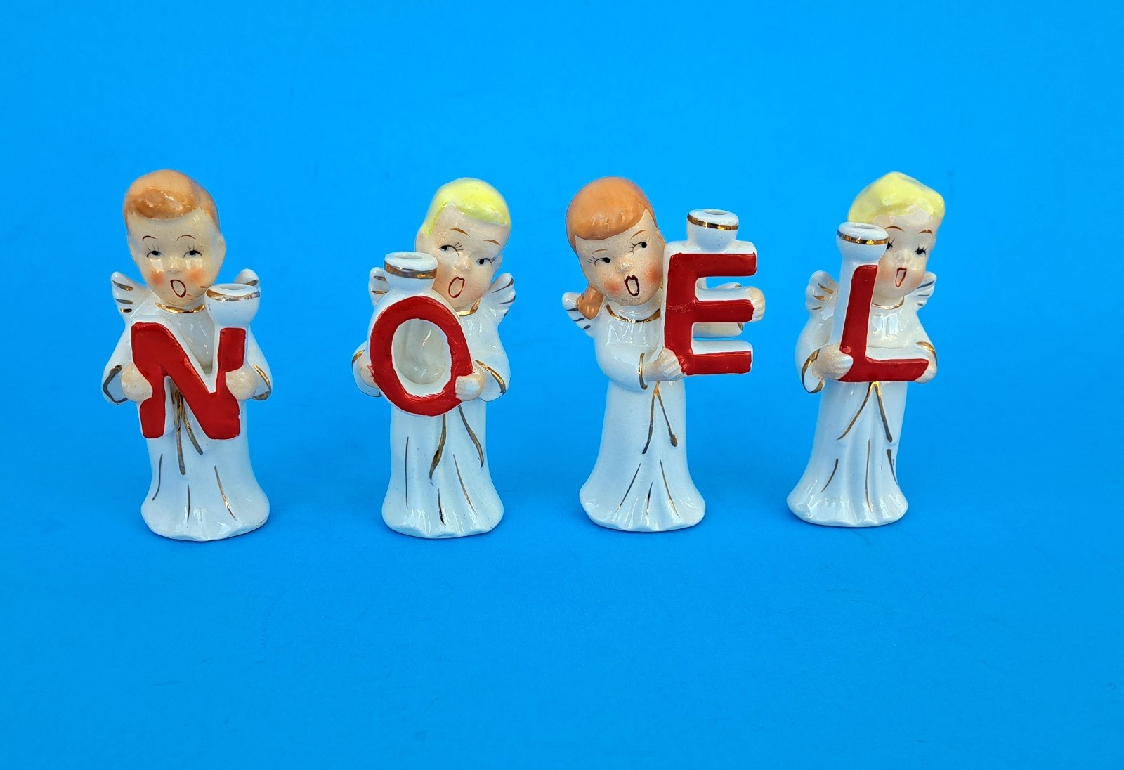 Vintage Commodore NOEL Christmas Choir Angels Porcelain Candle Holders Japan MCM