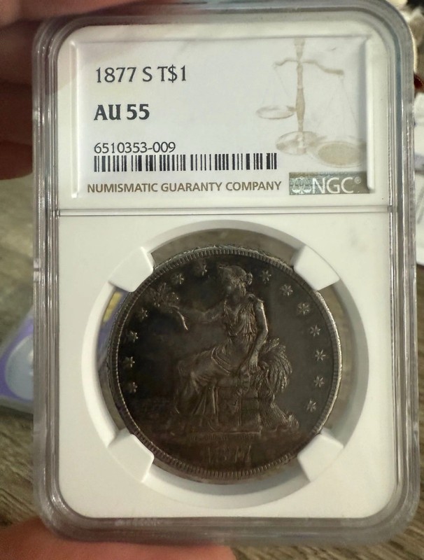 1877 S T$1  Silver Trade Dollar NGC AU 55, Semi-Key Date