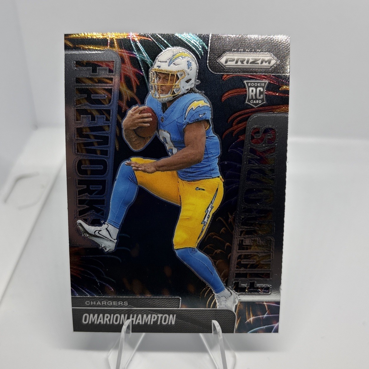 2025 Panini Prizm - Fireworks Omarion Hampton #17 Silver Prizm (RC) LA Chargers