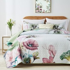Full Queen Size Quilt Set, Elegant Floral Botanical Pattern Green Bedding Set...