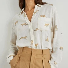 Rails Charli Shirt Natural Leopard Womens Small Long Sleeve Linen Button Down
