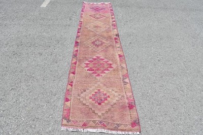 2,5x11,5 ft Runner Turkish Rug, Vintage Rug, Pink Brown Handmade Wool Rug
