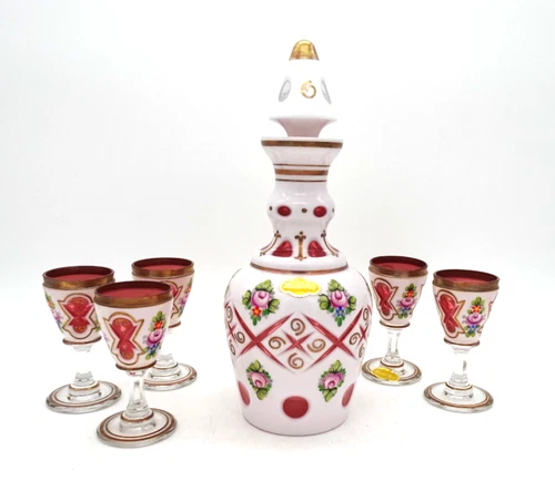 Pink Overlay Decanter +  Stopper 5 Goblets Cut Painted Flowers Bohemian Germany