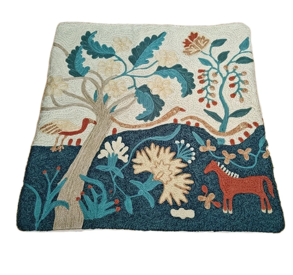 Pottery Barn Folk Art Horse Bird Tree Crewelwork Throw Pillow Cover 20 X 20 Boho - Image 2 of 4