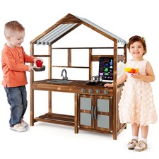 Kids Outdoor Play Kitchen Solid Wood Mud Kitchen with Canopy Blackboard Sink