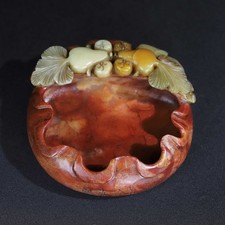 Chinese Natural Shoushan Stone Hand-carved Exquisite Goldfish Brush Washer 7623