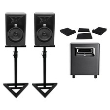  2 JBL 306P MkII 6" Powered Studio Monitors Stands Pads Powered Subwoofer Sub