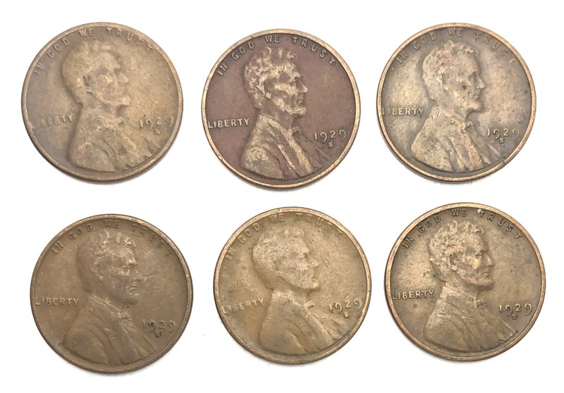 1929-S LINCOLN CENTS - 6 coin lot - all S   -      Combined shipping available