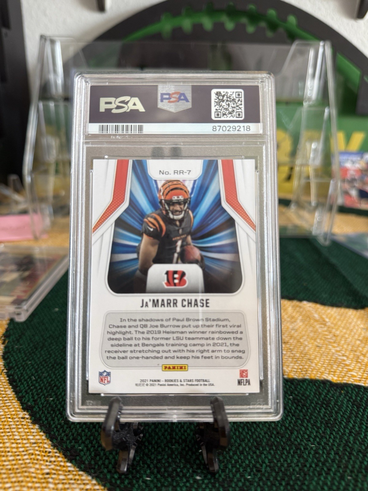 Panini 2021 Rookies & Stars Ja'Marr Chase Rookie Rush True Blue RR-7 PSA 10 /49 view 2