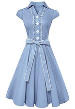 100% Cotton Ruffle Neck Self Tie Cap Sleeve Knee Length Sundress SkyBlue X-Large