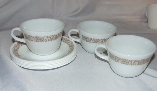 Set 9 pcs Corelle BROWN WOODLAND (6) Saucers & (3) Pyrex Coffee Cups