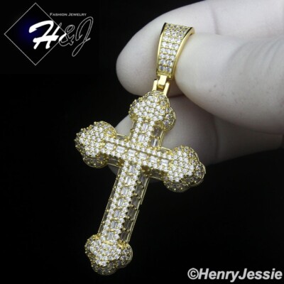 925 STERLING SILVER ICY BAGUETTE CZ GOLD PLATED 3D LAYERED CROSS ...