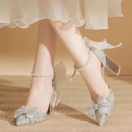 Women Elegant Pointed Toe High Heel Shoes Chunky Heel Glittery Party Formal Wear - Picture 3 of 7