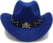 Blue Western Skull Cowboy, Cowgirl Hat, Skull Strap, Men Women Retro Wide Brim