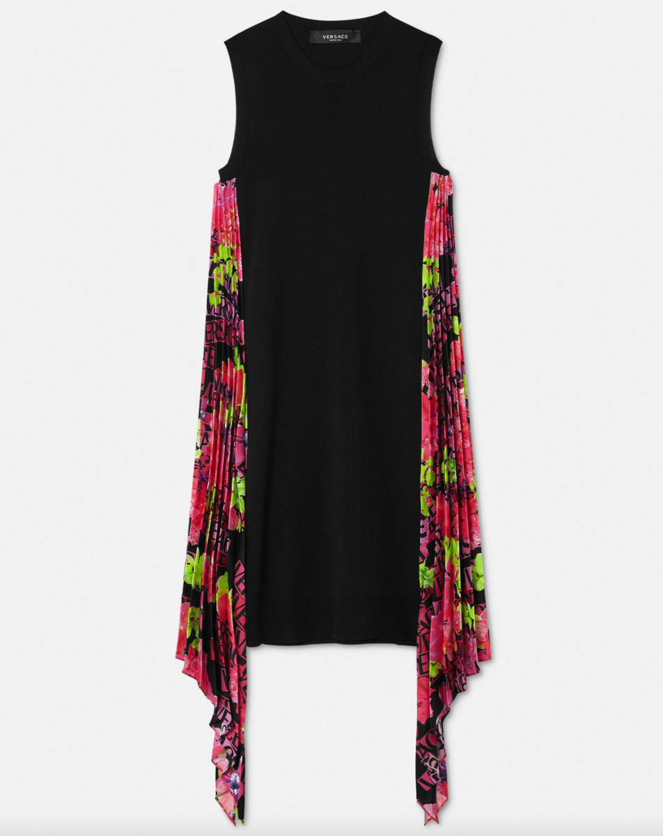 NWT Versace Orchid Logo Side Crepe Pleated Black Wool Knit Dress