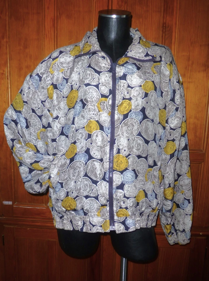 CHAQUETA DE COLECCIÓN AÑOS 90 ORO PLATA MONEDA DINERO IMPRESIÓN 100% SEDA BOMBARDERO HIP HOP CREMALLERA COMPLETA L Foto 2 de 4