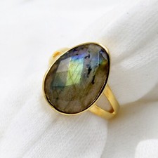 Labradorite Gemstone Anniversary Ring Sterling 925 Silver Gold Plated Jewelry