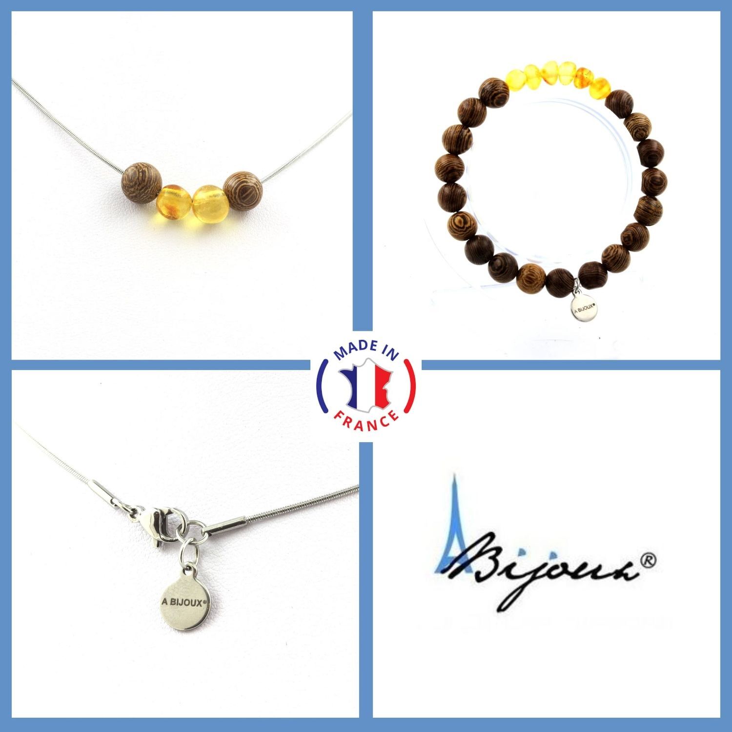 Parure bijoux collier bracelet ambre véritable taille p perles bois 8mm