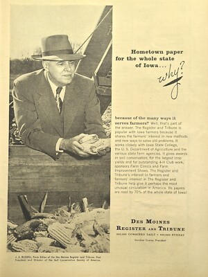 Des Moines Register Iowa's Hometown Newspaper Editor Corn Vintage Print Ad 1958