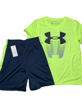 Under Armour Boys Youth Short/Shirt Outfit Size 6 Heatgear Yellow/Navy Blue