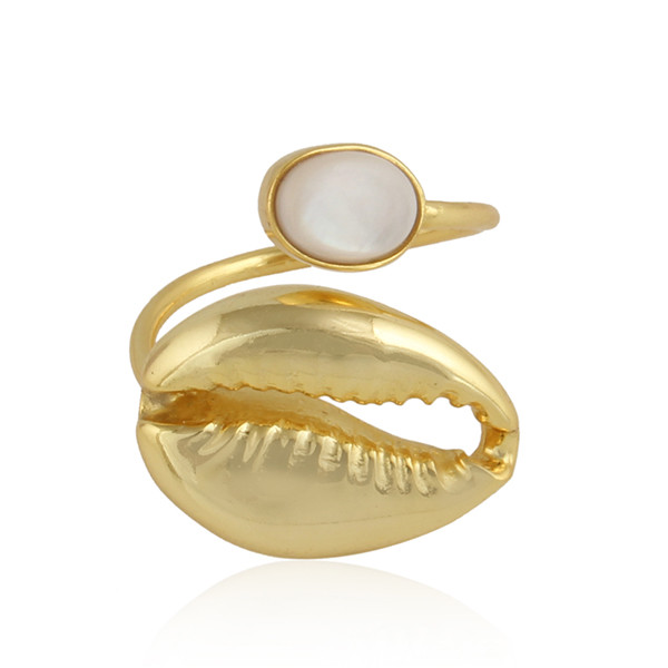 Alternate view of Mother Pearl Gemstone 925 Silver Gold Plated Cowrie Design Summer Ring