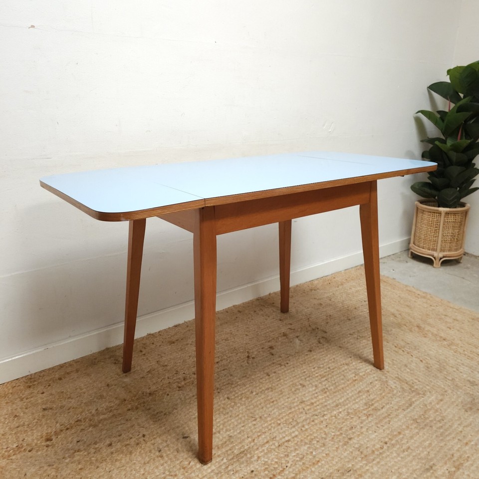 Retro Formica dining table Blue Mid century Drop Leaf Kitsch Vintage