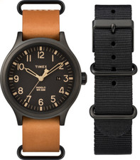 NEW TIMEX GUNMETAL TONE,BROWN LEATHER+BLACK NYLON BANDS,2 PC SET WATCH TWG017400