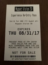 2017 Disney World Orlando Muppet Vision 3D Re-Entry Fastpass Collector Card