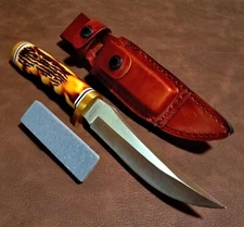 9 1/2" Schrade Uncle Henry Golden Spike Knife w/Sheath, Stone & Staglon Handle