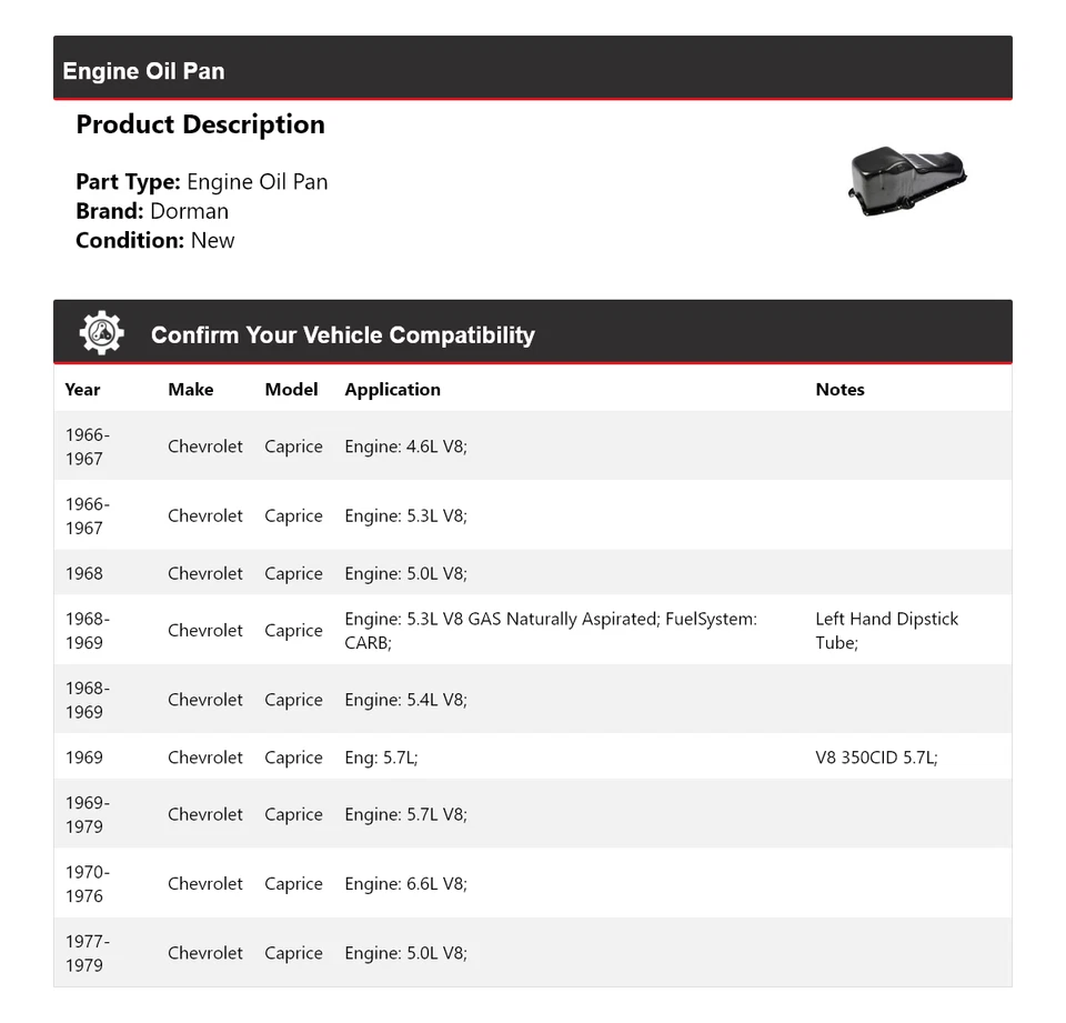 Para Chevrolet Caprice Dorman 1966-1979 cárter de aceite del motor 1967 1968 1969 1970 1971 Foto 2 de 4