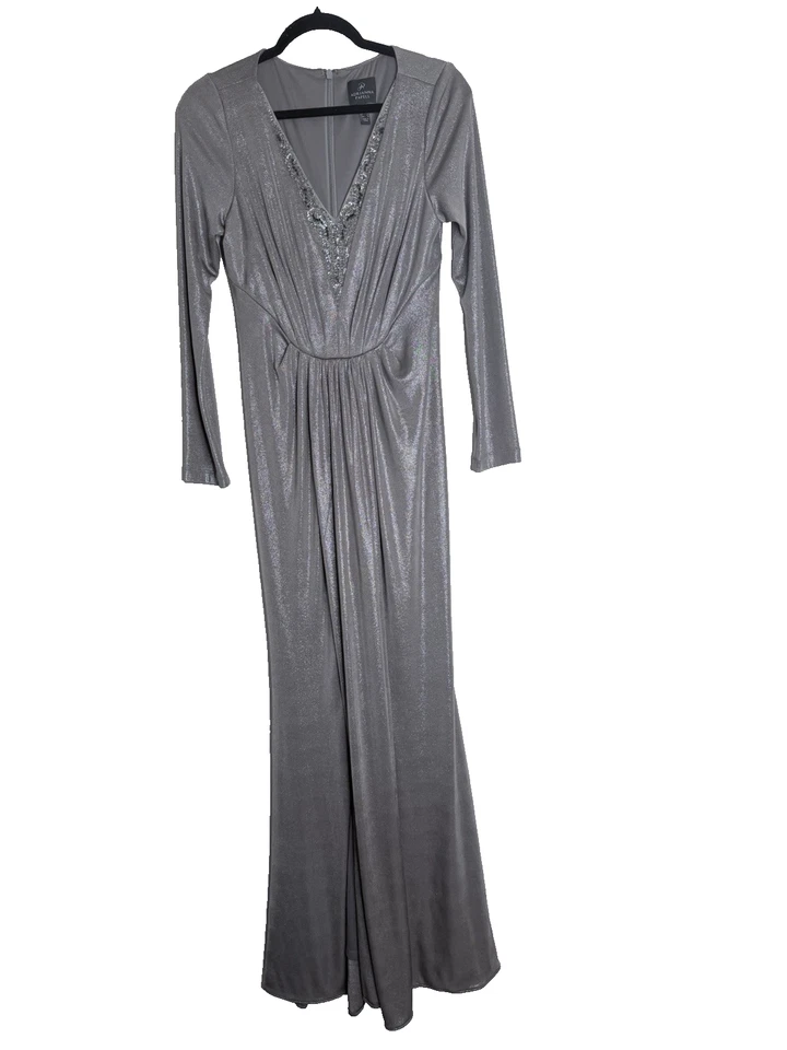 Maxi Vestido Formal Adrianna Papell Talla 8 Metálico Plateado Cuentas Fiesta Foto 2 de 4