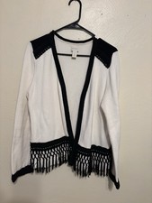 Chico  s Knit Open Front Blazer Sweater Size 1 Black Fringe Hem Fall Jacket