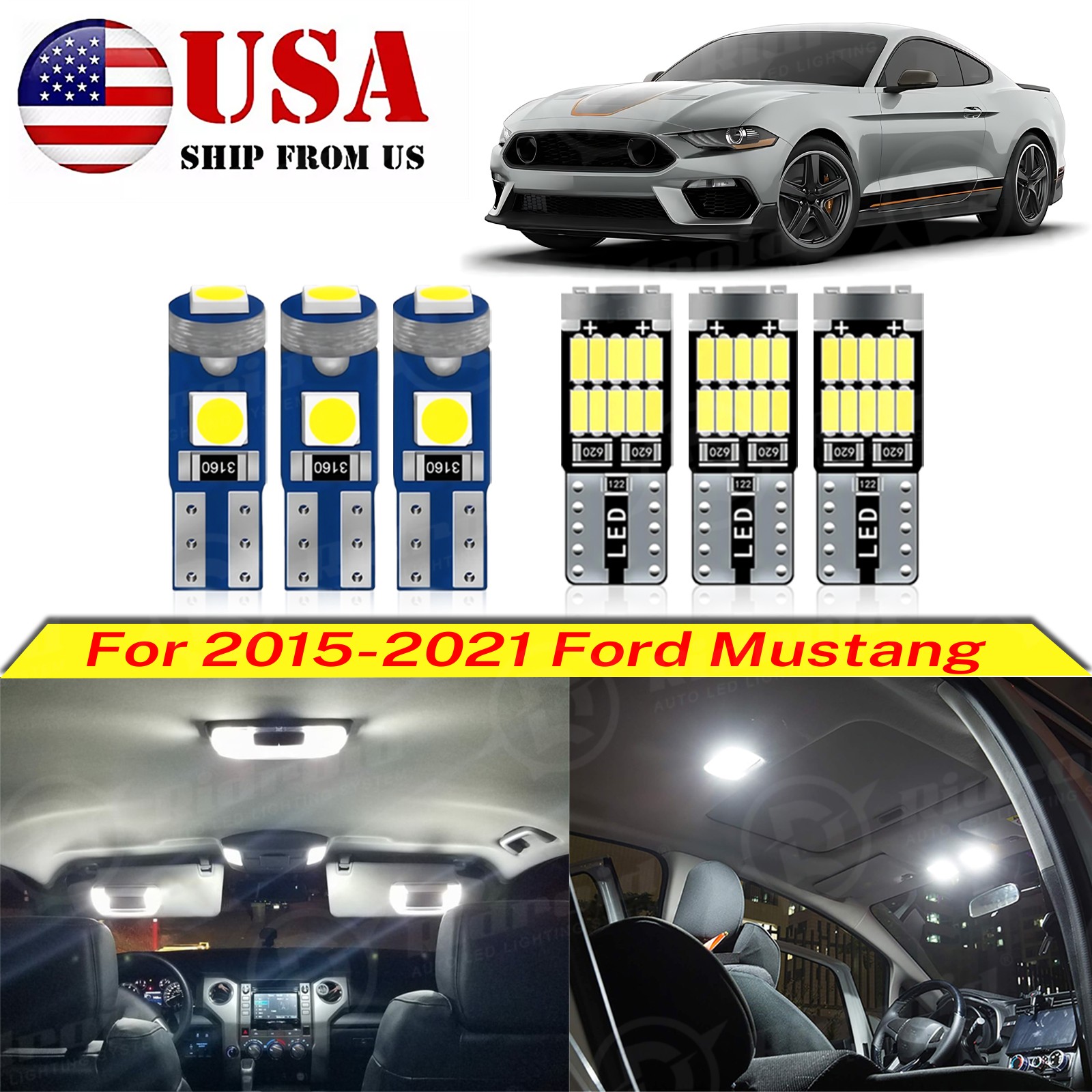 8 White LED Interior Light Bulb Package Kit For 2015-2019 2020 2021 Ford Mustang