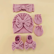 4Pcs/Set Newborn Baby Hat with Headband Gloves Socks Set Infant Felt Cute Bow He