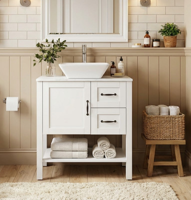 Goodyo 30'' White Freestanding Bathroom Vanity w/Vessel Sink Faucet Drain
