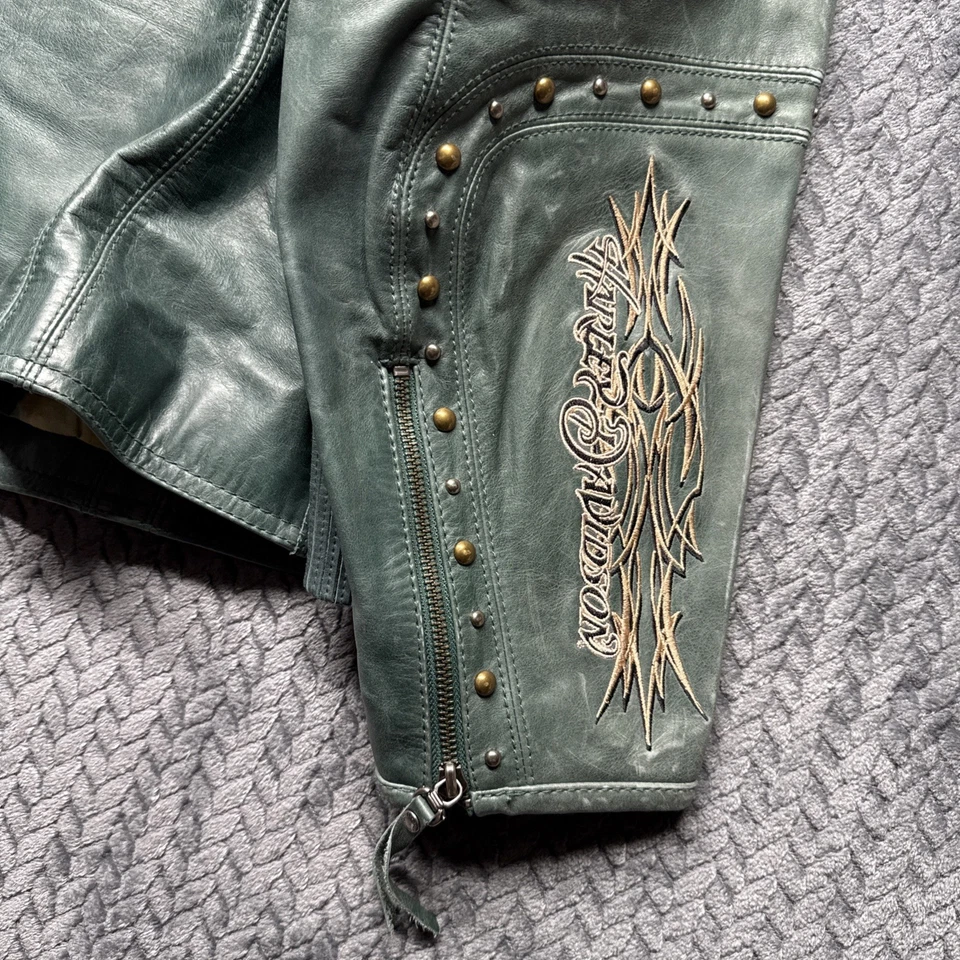 Chaqueta de cuero Harley-Davidson para mujer 3X verde tachonado bordado logotipo trasero Foto 4 de 4