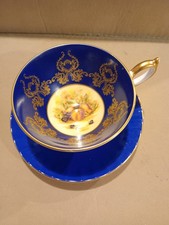 VINTAGE RARE AYNSLEY Tea Cup & Saucer Orchard Fruit Cobalt Heavy Gilt Bone China