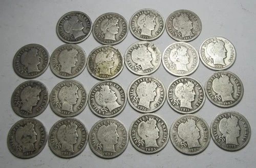 ( 22 ) Barber 90% Silver Dimes - Assorted Dates & Mints As Seen !!!!
