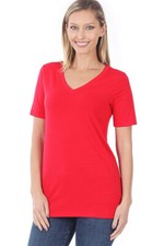 Zenana Plain Short Sleeve T Shirt V-Neck Top Stretch Cotton Tee Women Loose Fit