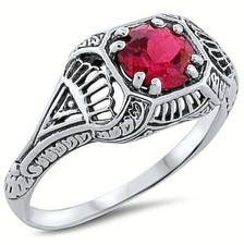 925 STERLING SILVER FILIGREE DECO ANTIQUE STYLE LAB-CREATED RED RUBY RING  296X