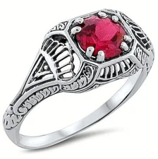 925 STERLING SILVER FILIGREE DECO ANTIQUE STYLE LAB-CREATED RED RUBY RING   296X